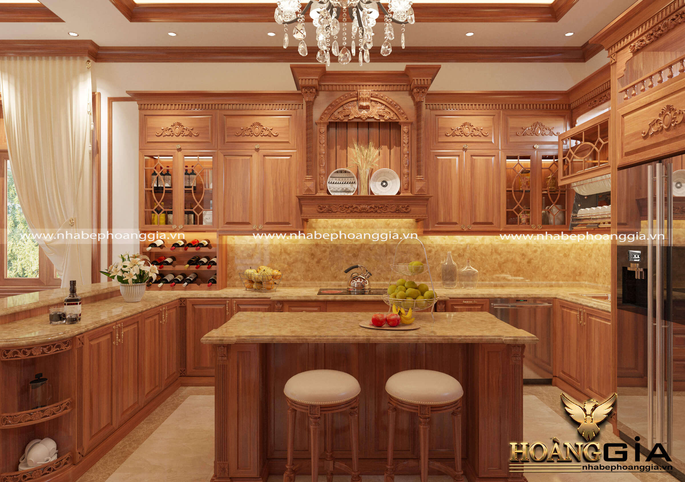 Thiết kế tủ bếp gỗ gõ đỏ phong cách tân cổ điển đã trở thành xu hướng trong năm