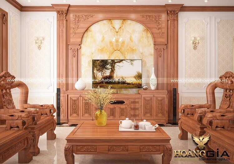 thiết kế kệ tivi phòng khách tân cổ điển