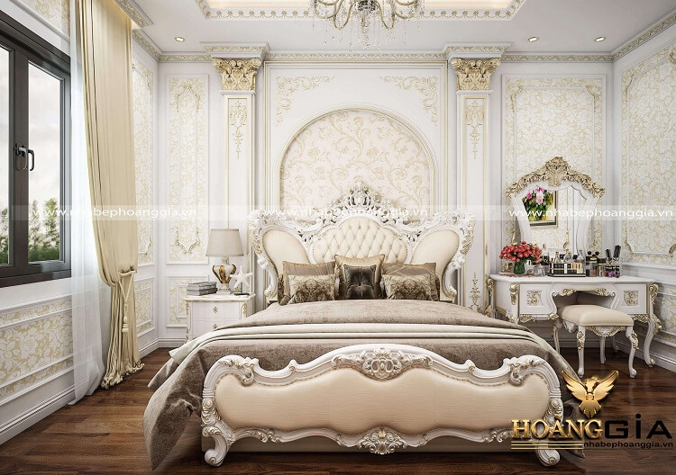 thiết kế giường ngủ tân cổ điển sơn trắng