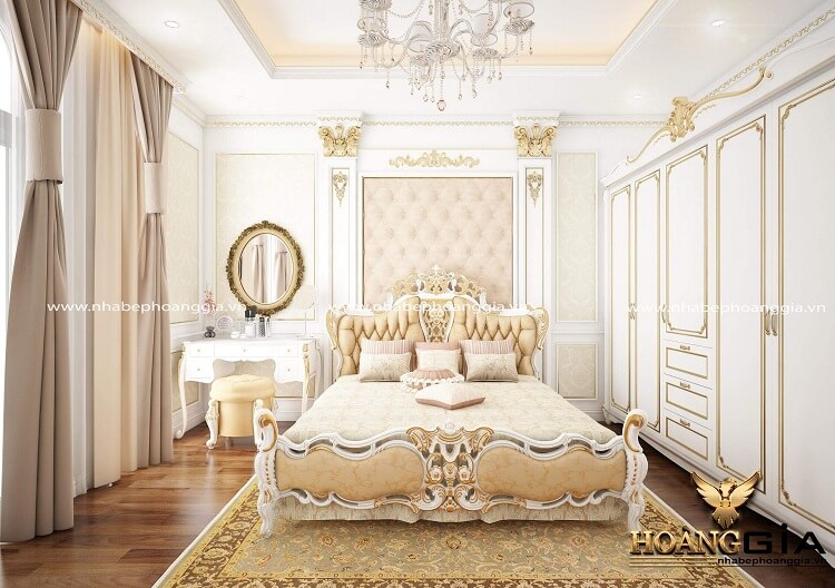 thiết kế giường ngủ tân cổ điển sơn trắng