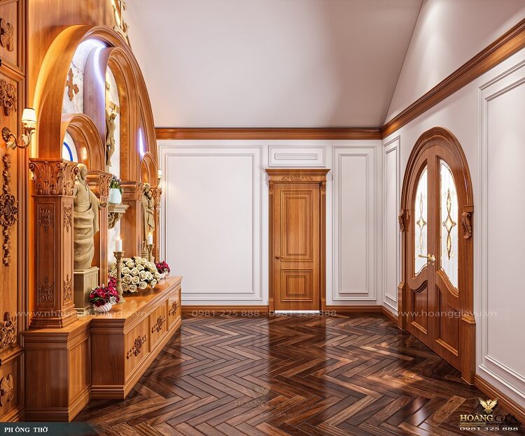 Nội thất phòng thờ Thiên Chúa sử dụng chất liệu gỗ gõ đỏ